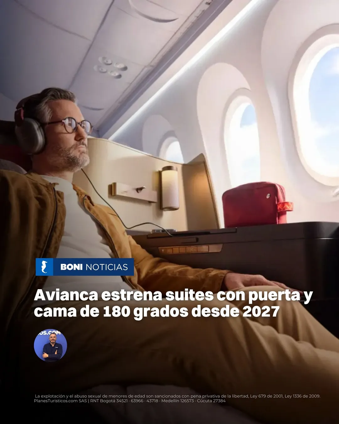 Pasajero reclinado en una suite de avión