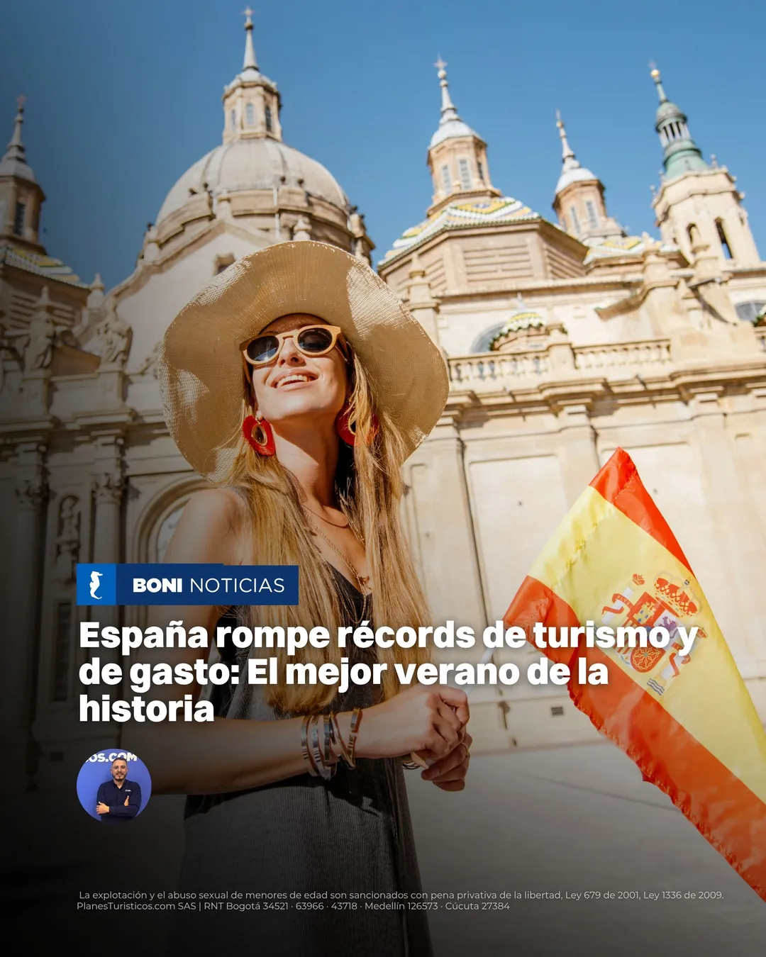 Turista con sombrero y bandera de España frente a una basílica