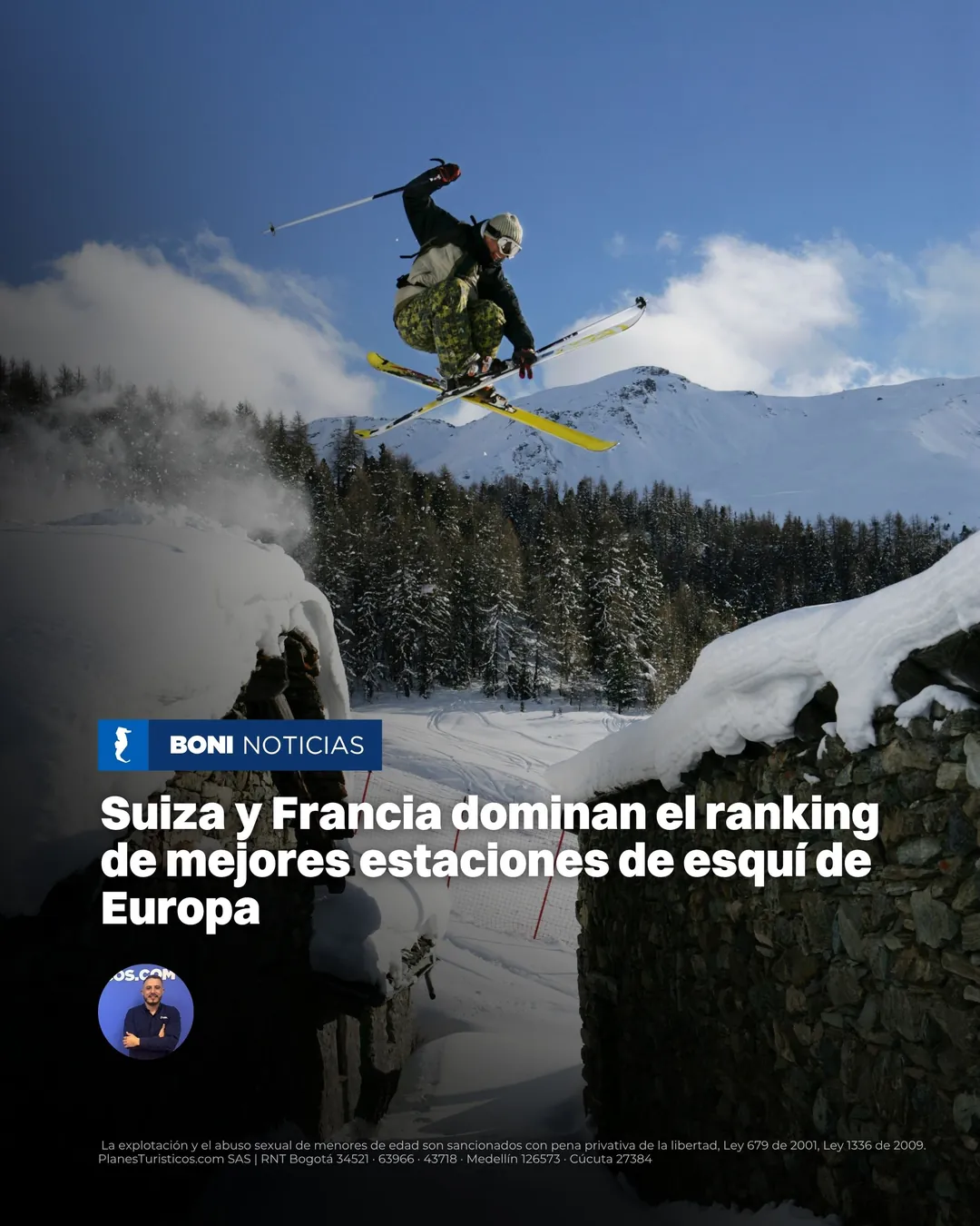 Esquiador saltando sobre una ladera nevada en los Alpes
