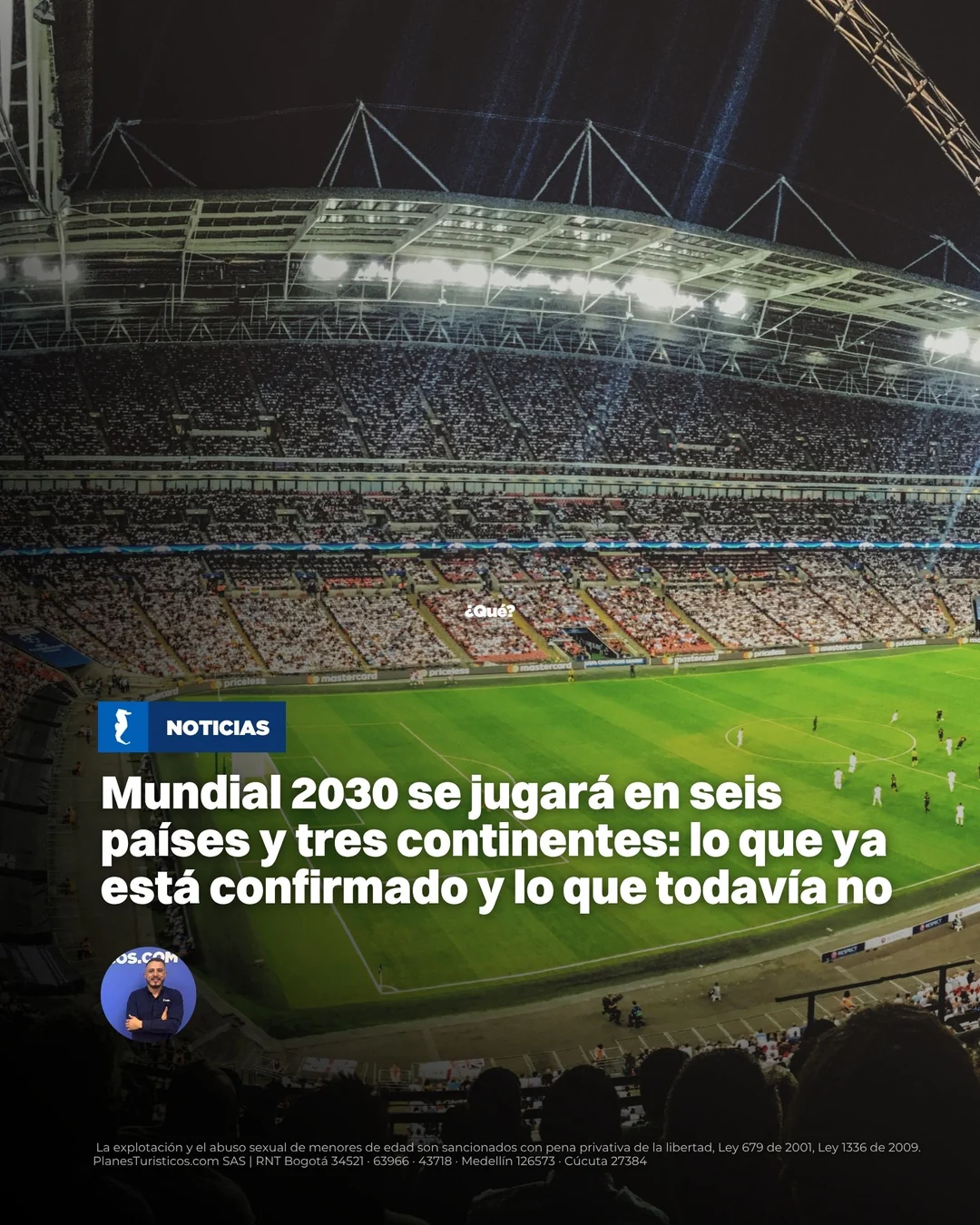 Balón de fútbol sobre el césped de un estadio con banderas de los países anfitriones del Mundial 2030