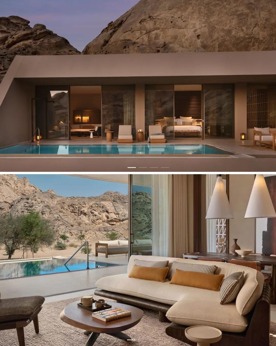 Habitación y sala de una villa entre formaciones rocosas
