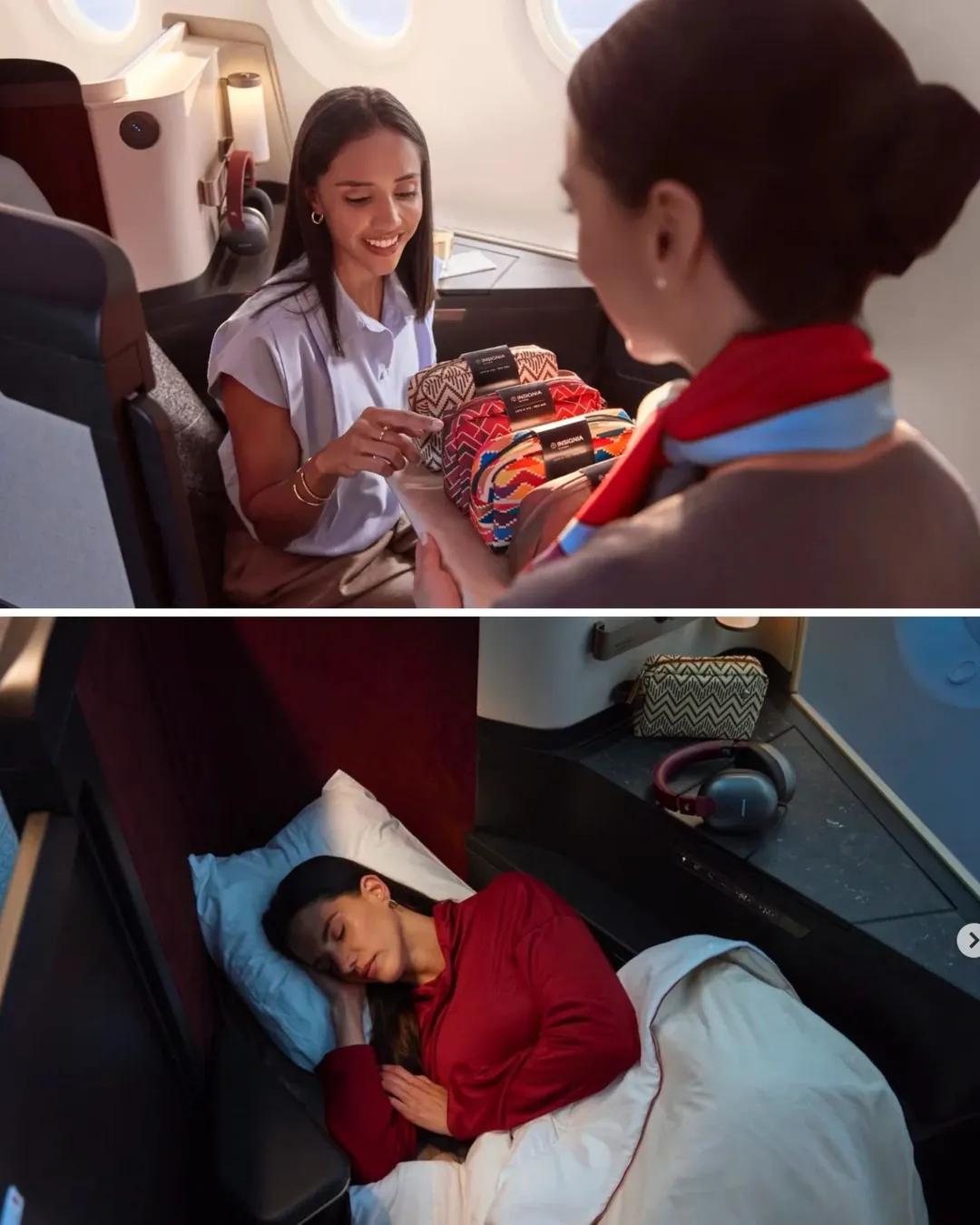 Pasajeros en suites de avión con cama completamente plana