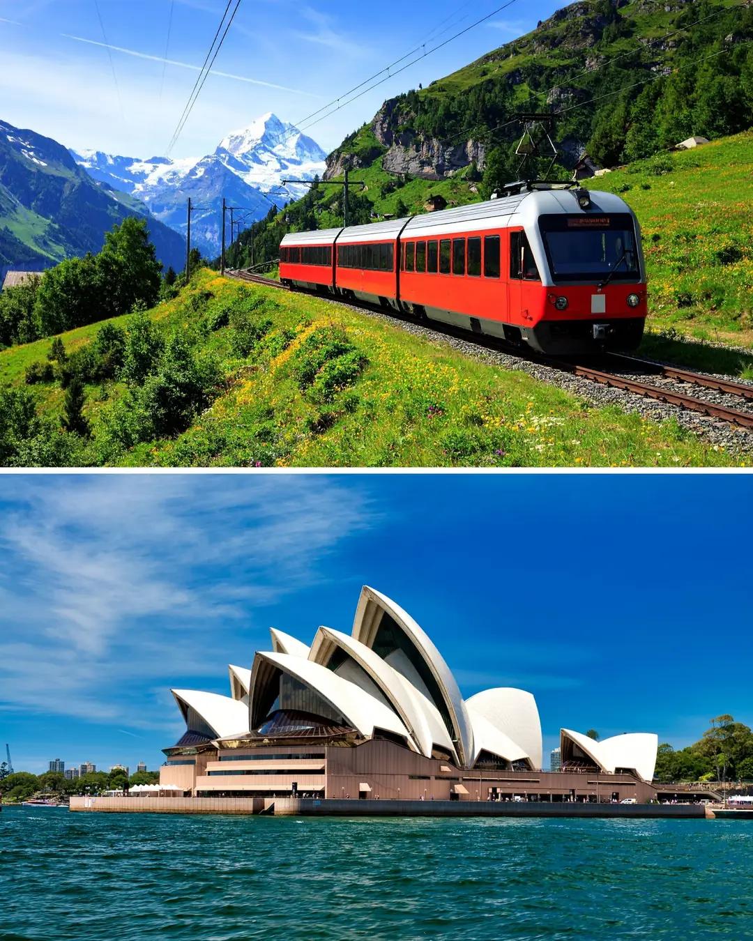 Tren rojo en los Alpes suizos y Ópera de Sídney