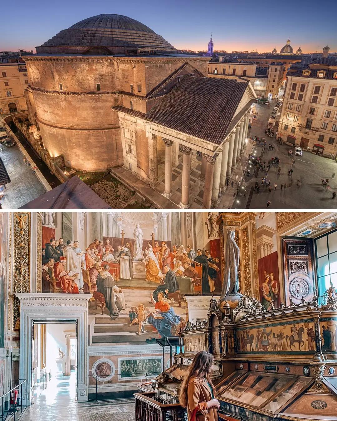 Exterior del Panteón de Roma y sala con frescos del Vaticano
