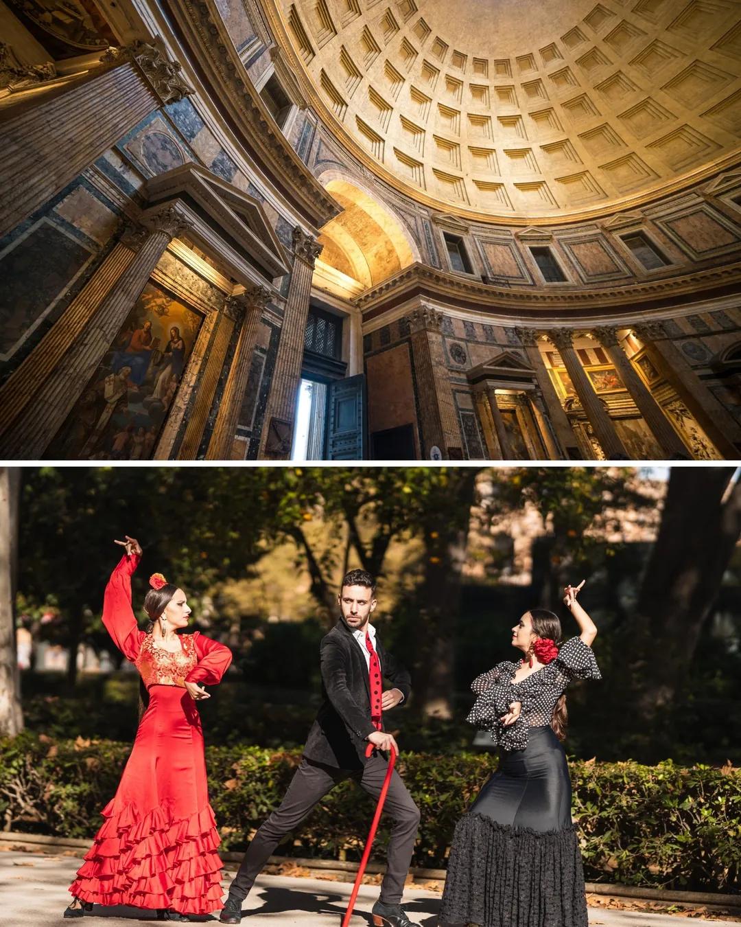 Cúpula interior del Panteón y bailarines de flamenco en un parque