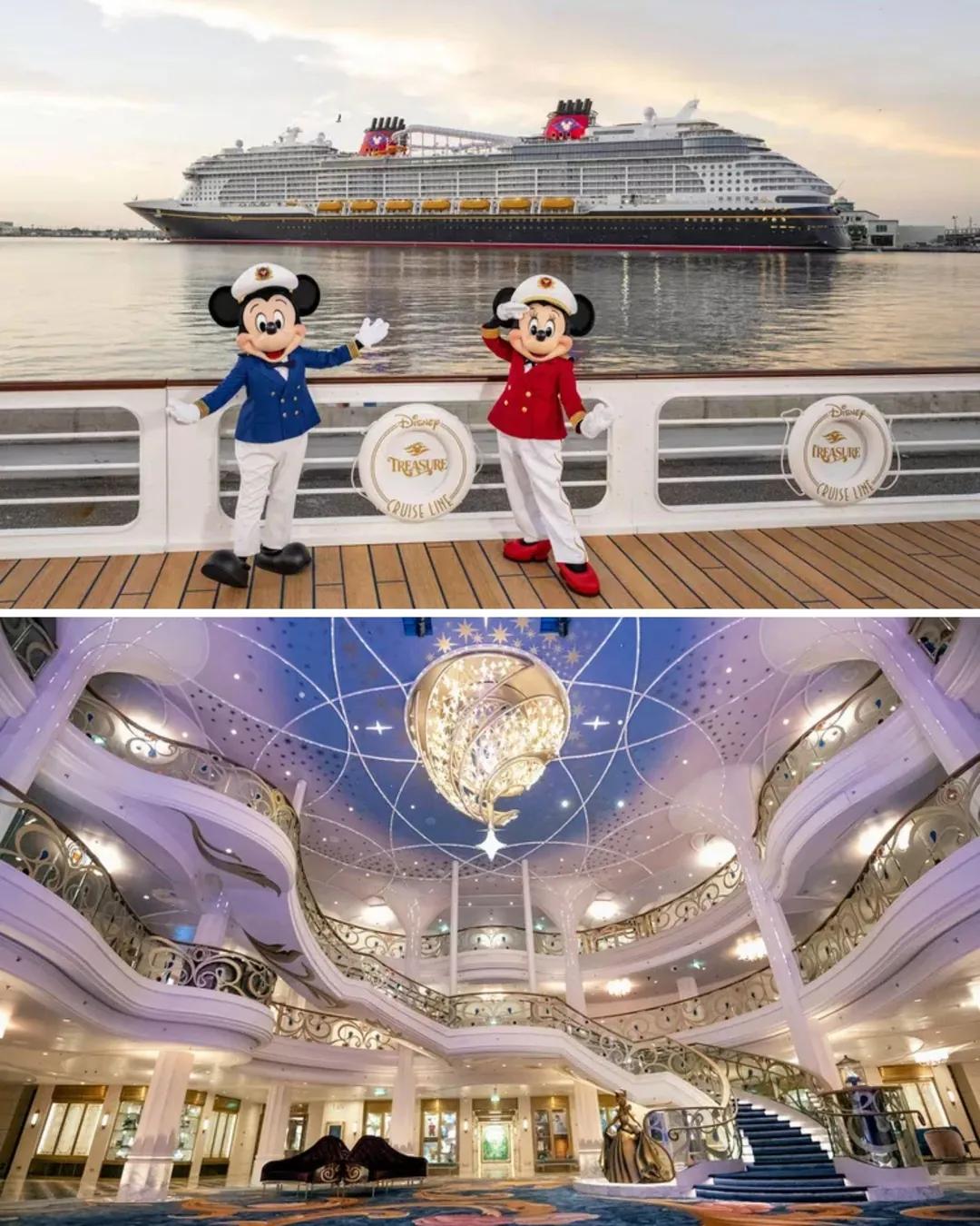 Crucero Disney Treasure y personajes en cubierta, atrio con lámpara
