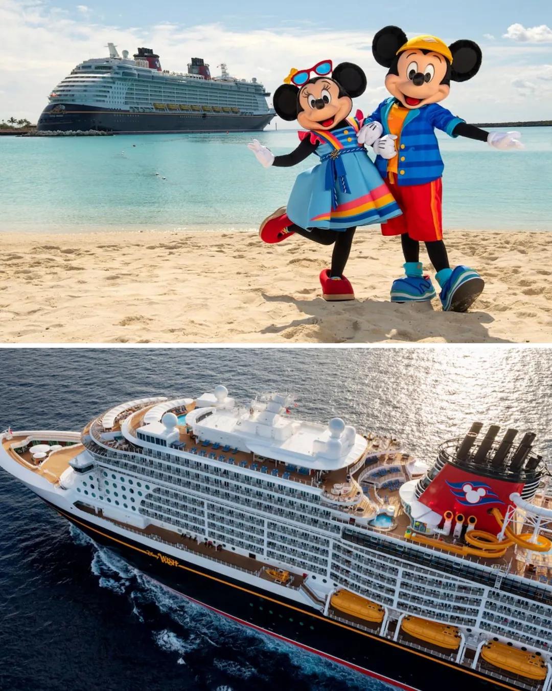 Mickey y Minnie en la playa y crucero visto desde arriba