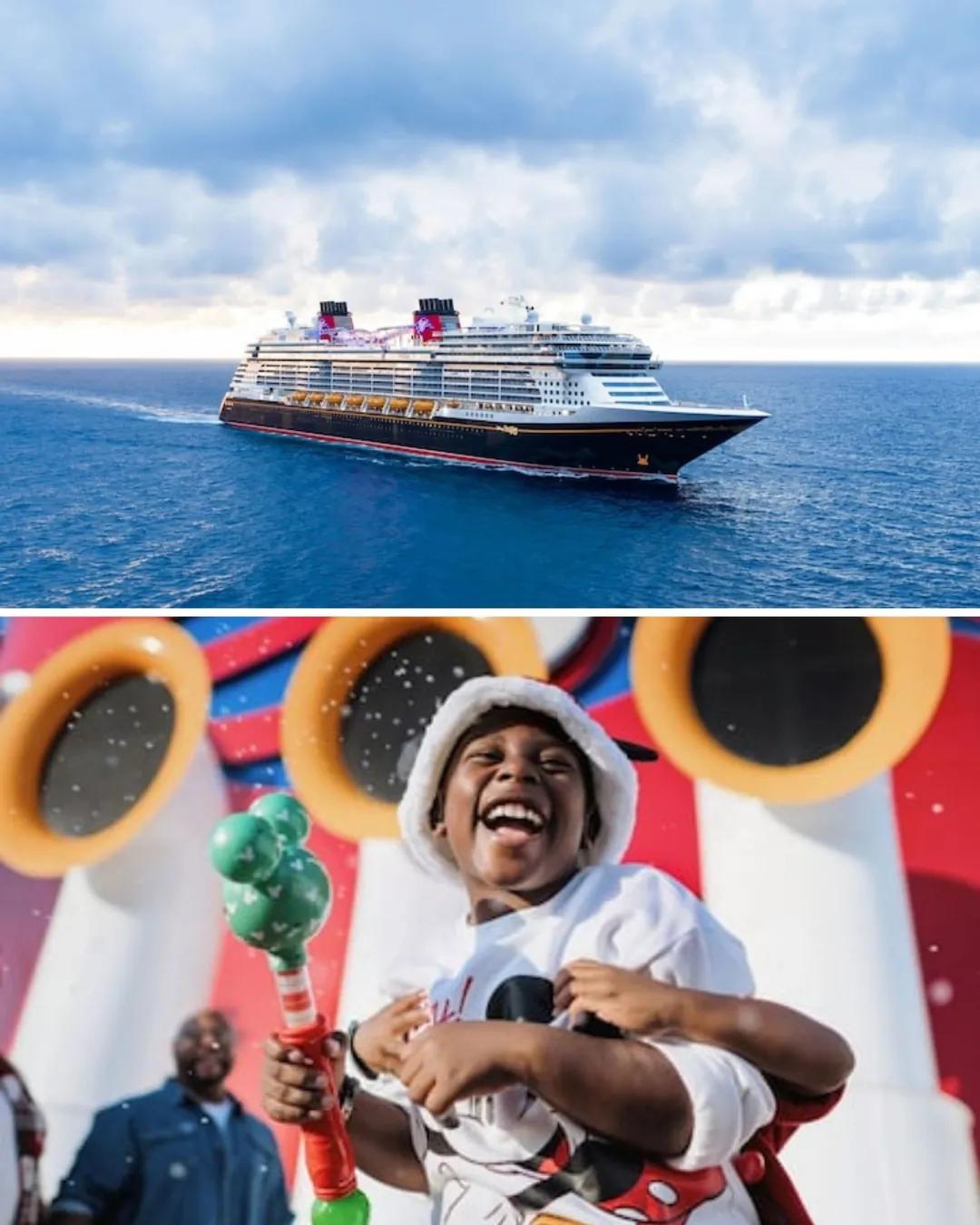 Crucero Disney navegando y niño celebrando con espuma