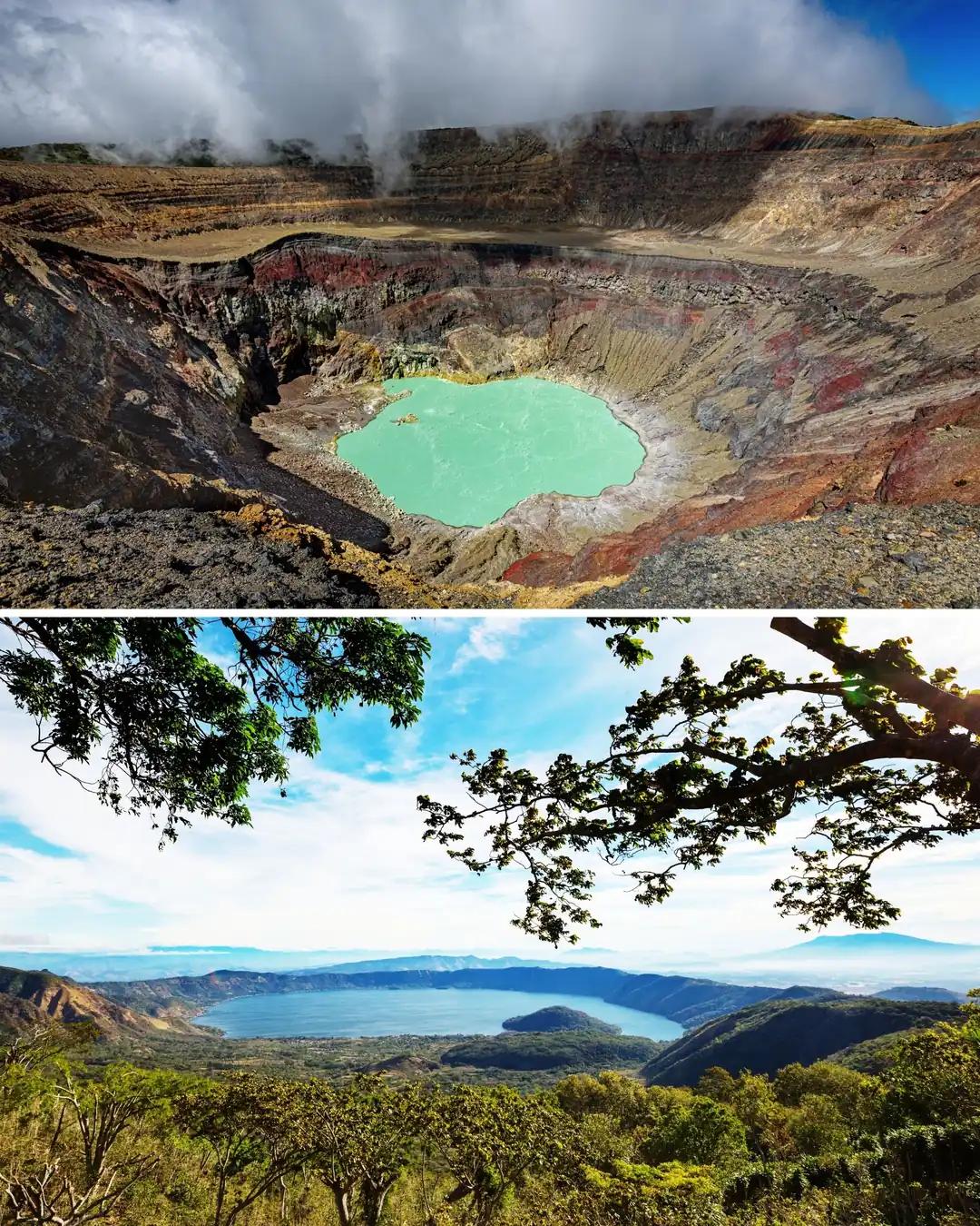 Cráter con laguna turquesa y lago de caldera en El Salvador
