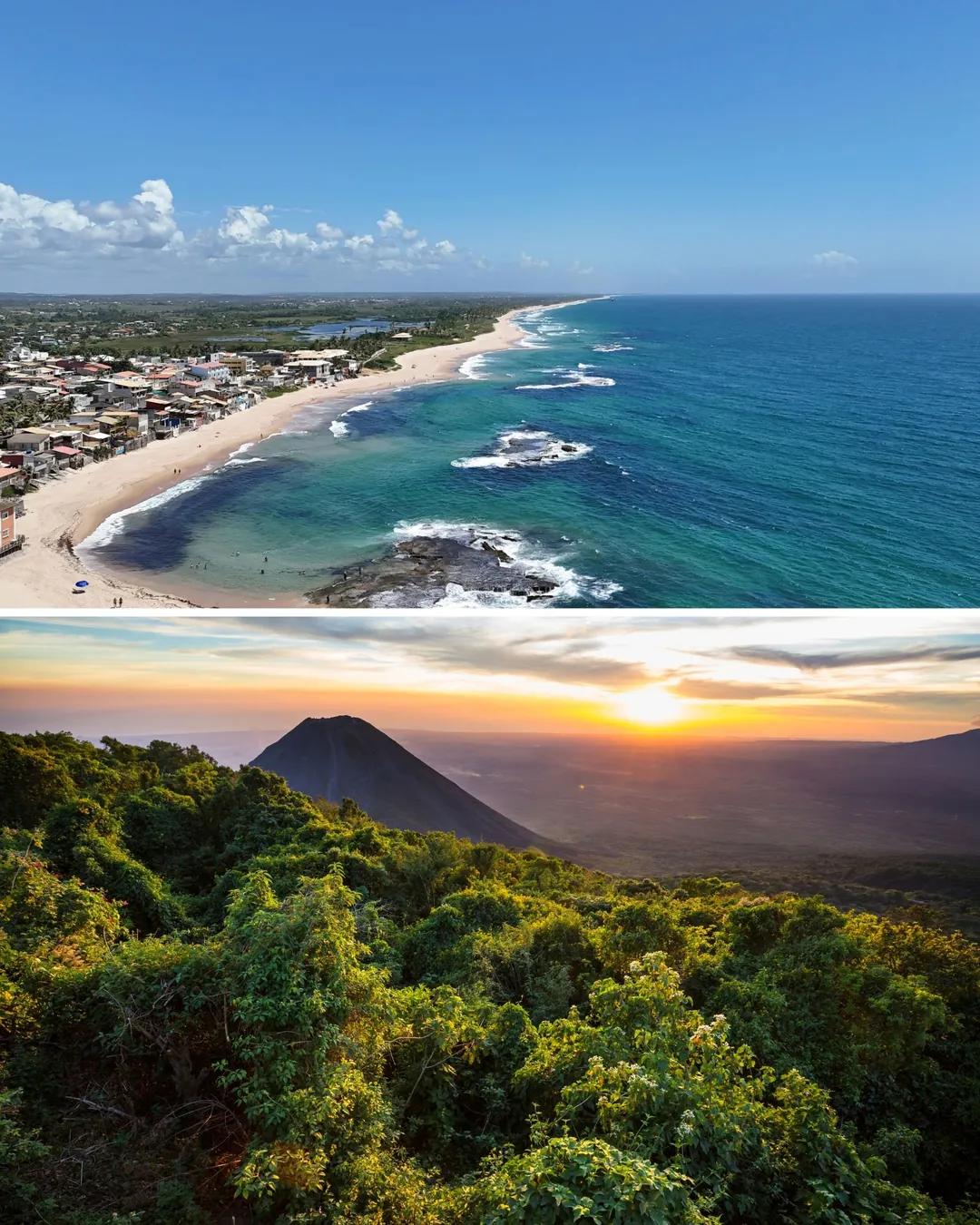 Costa salvadoreña con playa y volcán al atardecer