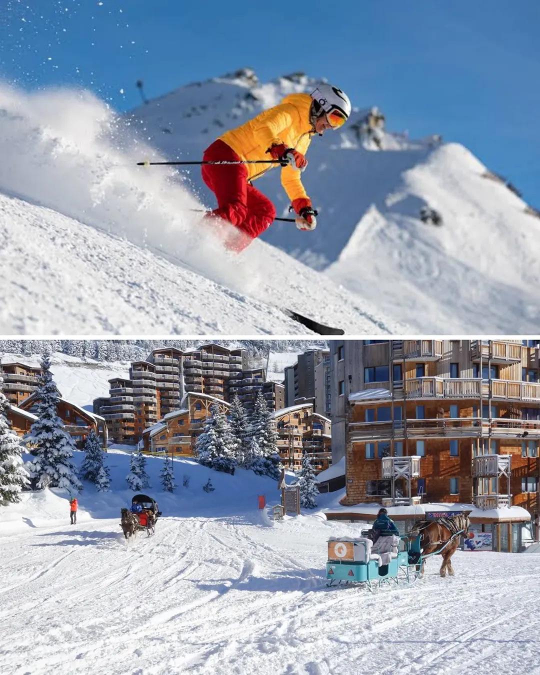 Esquiador en la nieve y pueblo alpino con trineo tirado por caballos