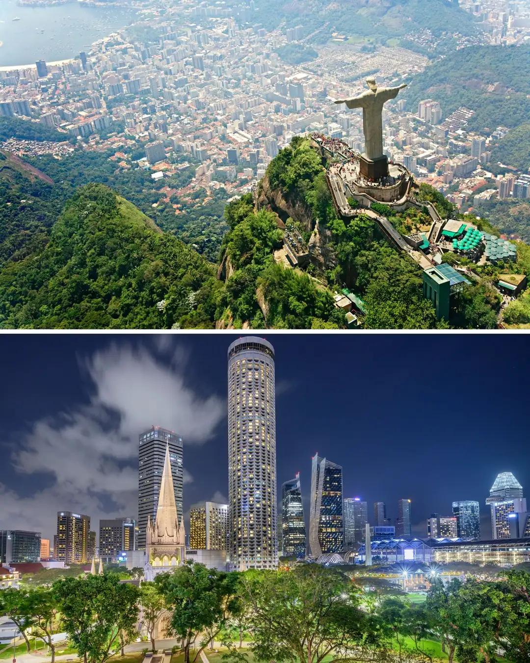 Cristo Redentor en Río y rascacielos de Singapur