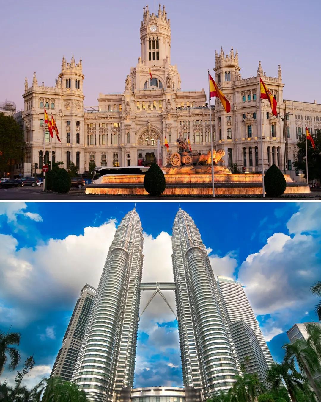 Palacio de Cibeles en Madrid y Torres Petronas de Kuala Lumpur