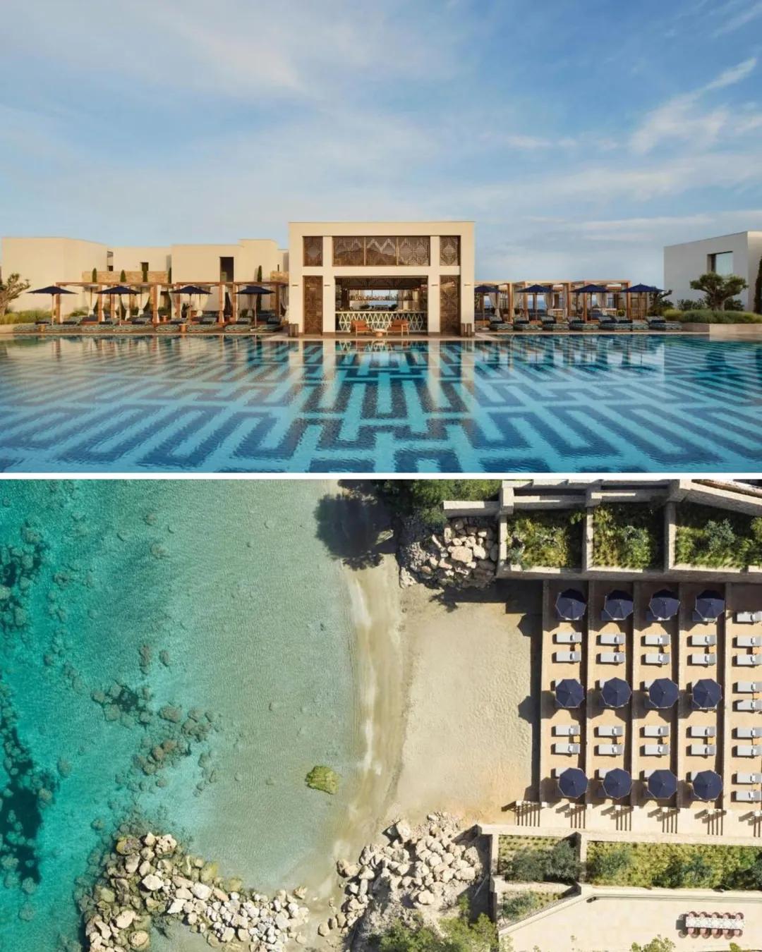 Piscina con mosaico y edificio de un hotel en Rodas