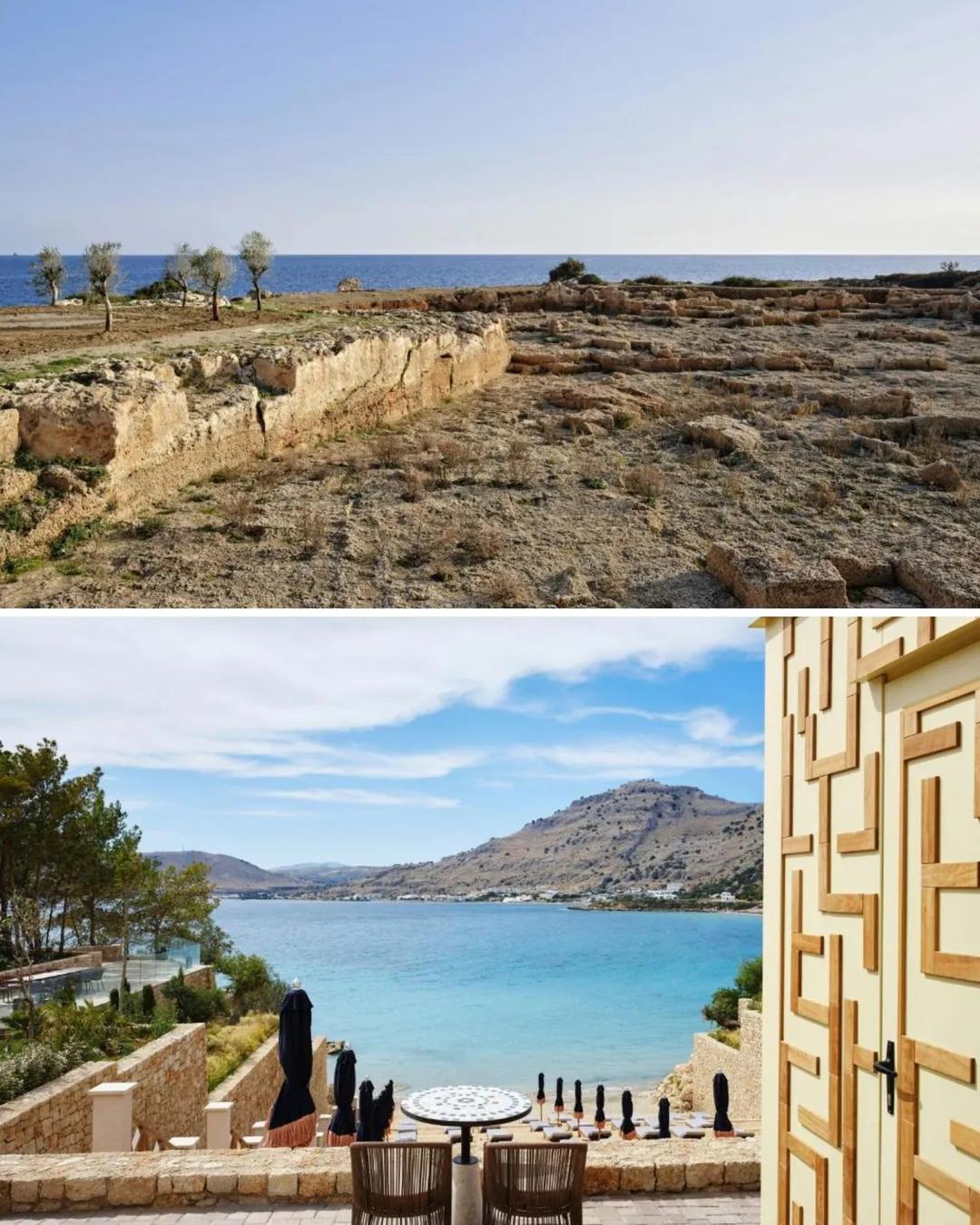 Costa rocosa de Rodas, vista aérea del hotel en la isla y terraza con vista al mar