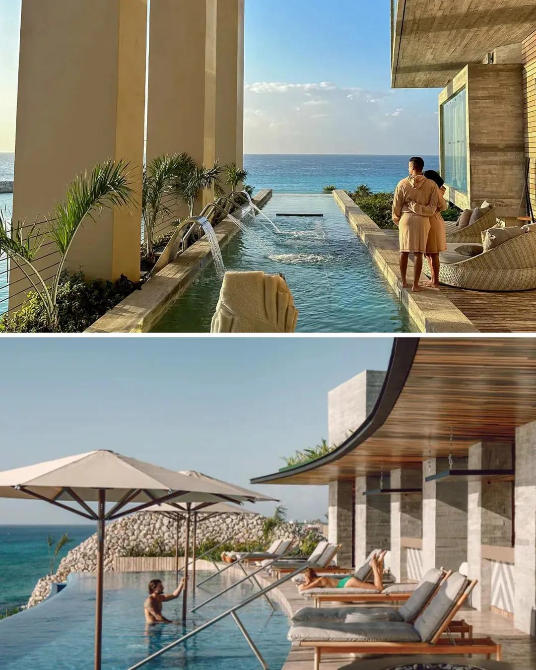 Terraza con piscina infinita frente al mar y área de descanso