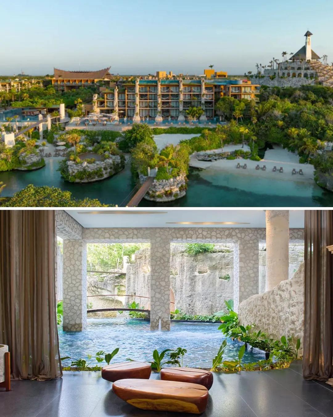 Vista del hotel junto a la laguna y habitación con vista al jardín