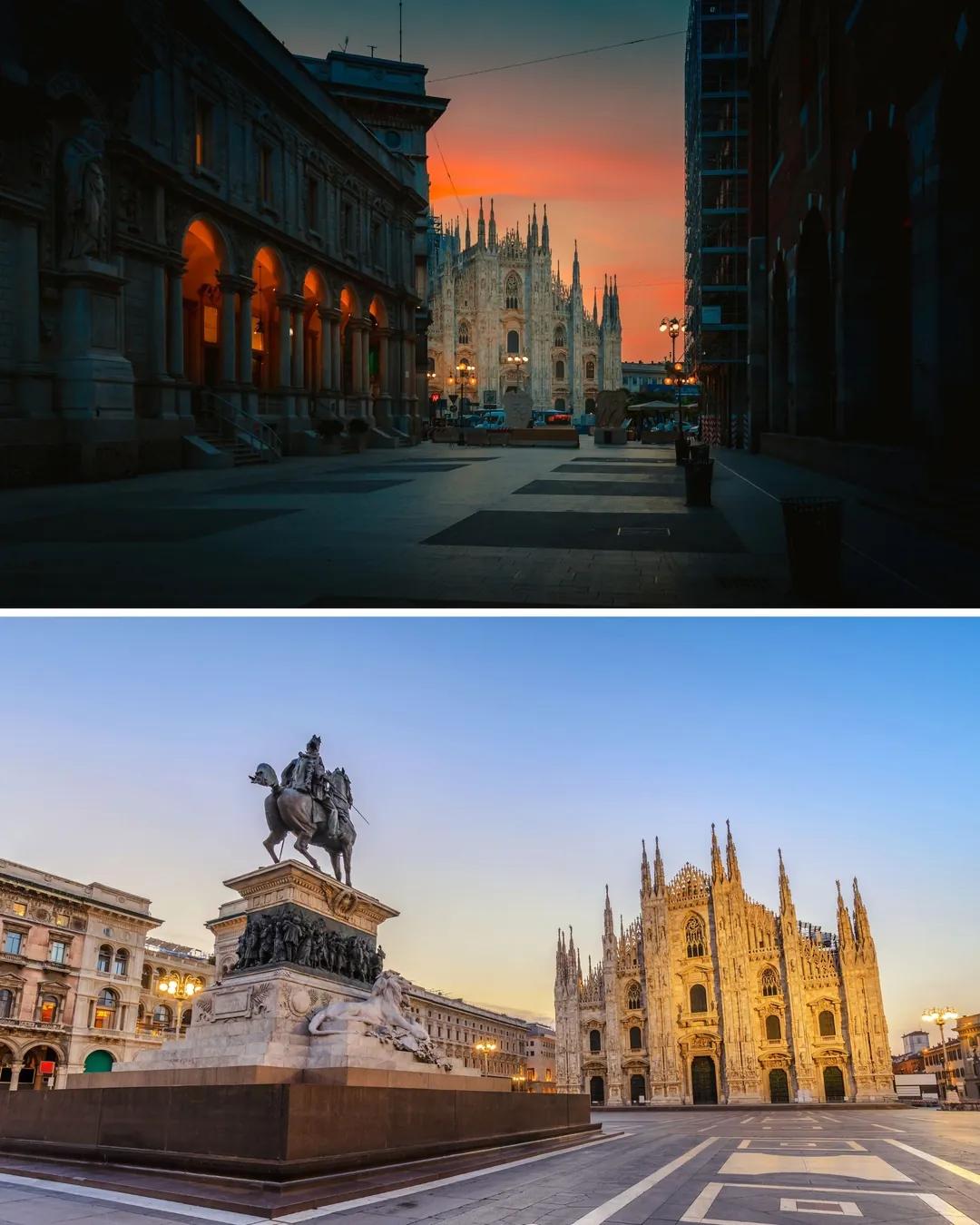 Plaza del Duomo de Milán al amanecer y arcadas