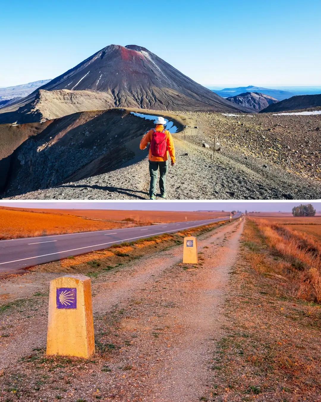 Senderista en un volcán y camino de peregrinación señalizado