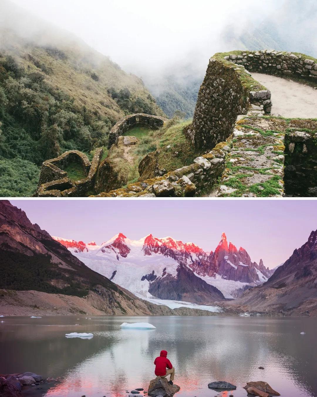 Ruinas de un sendero inca en la niebla y senderista con brazos abiertos