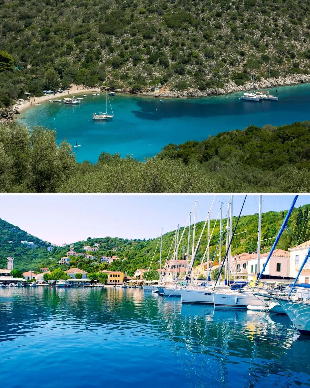 Cala con barcos y bosque mediterráneo