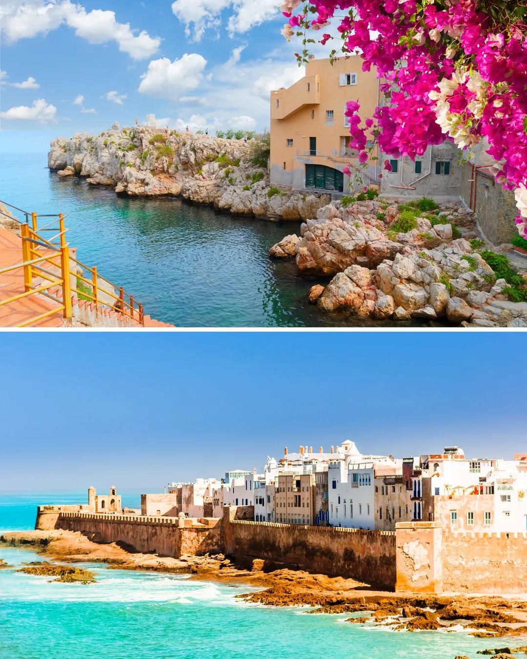 Costa rocosa con buganvilias y pueblo blanco junto al mar