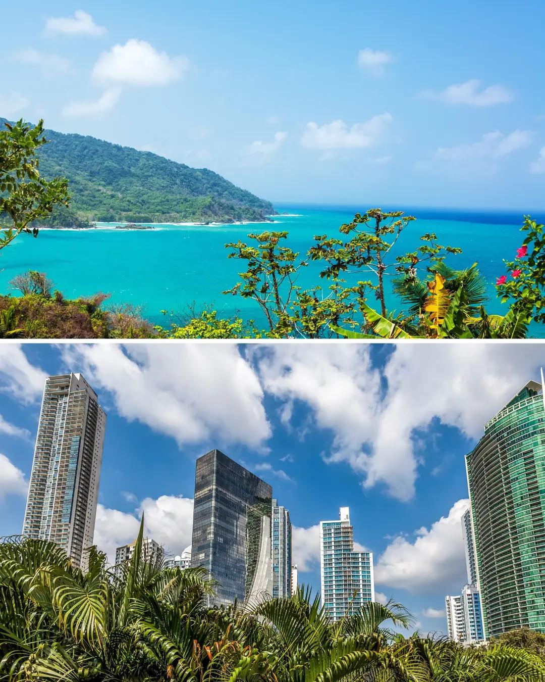 Costa caribeña y rascacielos de Ciudad de Panamá