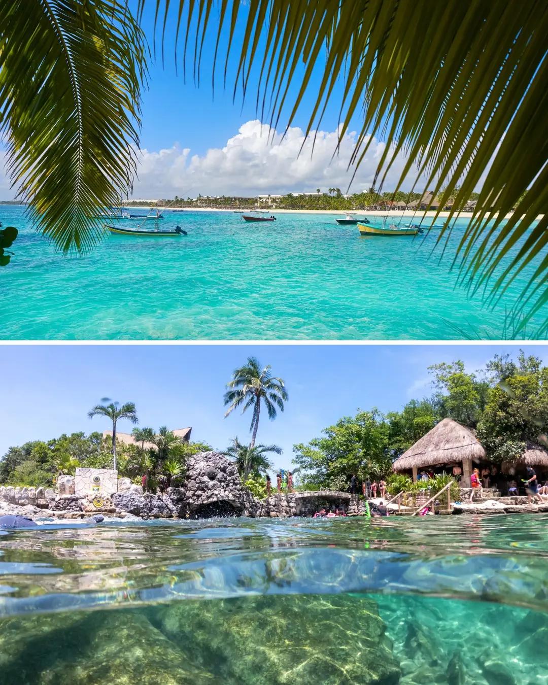 Playa de aguas turquesa y cabañas en la costa caribeña