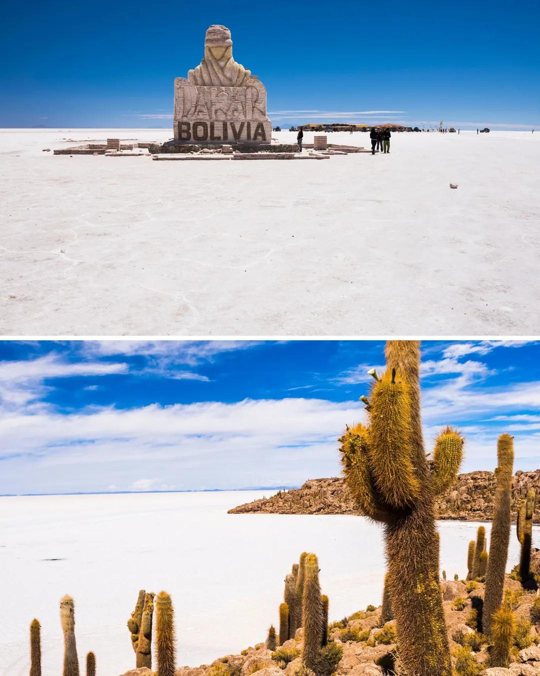 Monumento del Dakar en el Salar de Uyuni e isla de cactus