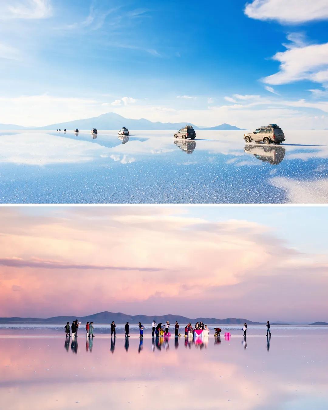Vehículos sobre el espejo de agua del salar y viajeros al atardecer