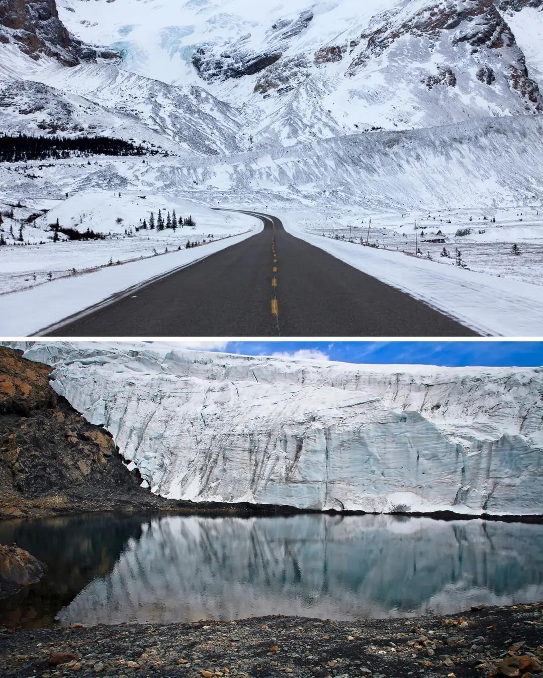 Carretera nevada entre montañas y glaciar con lago
