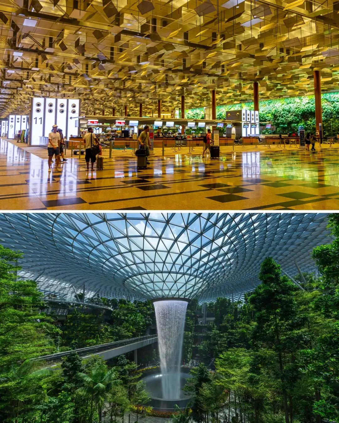 Terminal del aeropuerto Changi y jardín interior con cascada