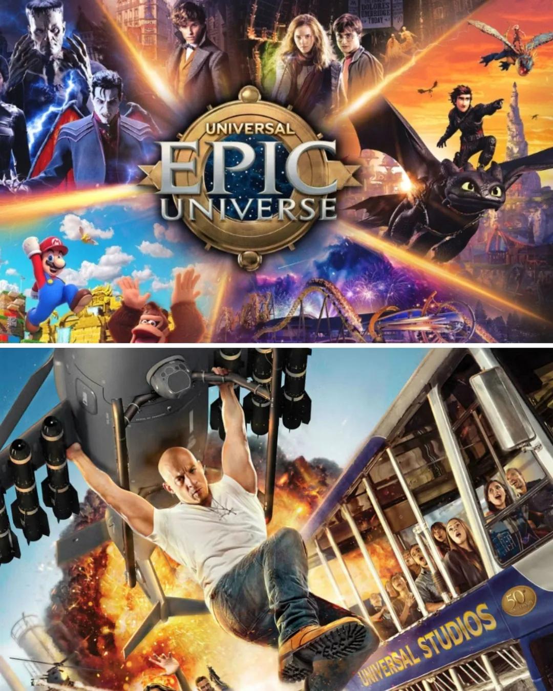 Logo de Epic Universe con personajes y atracción de Fast & Furious